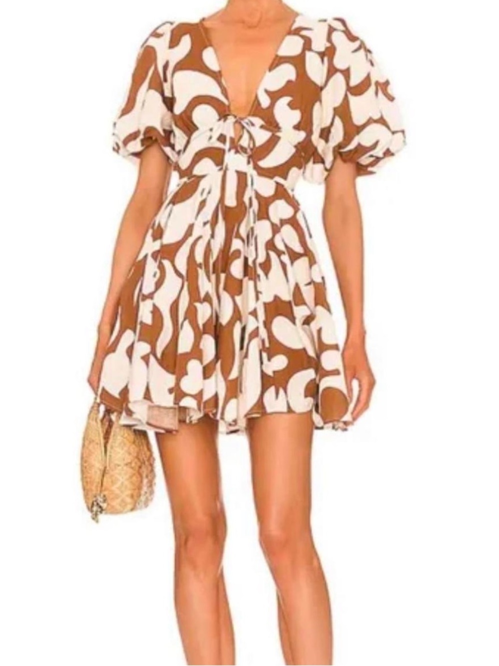 LIKE NEW House of Harlow Brown and White Printed Puff-Sleeve Mini Dress